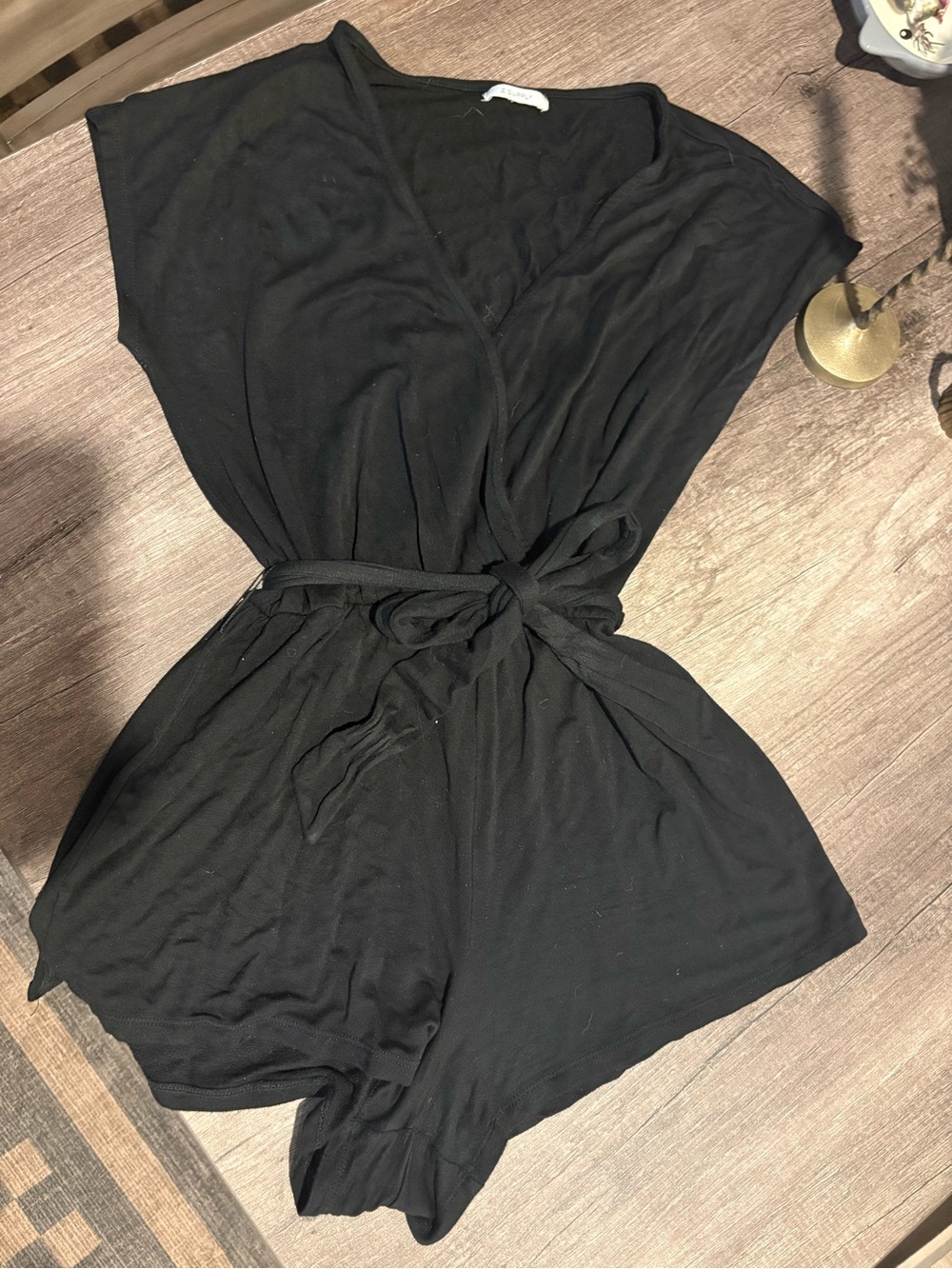 Z Supply Black Short Sleeve Wrap Romper with Tie Waist